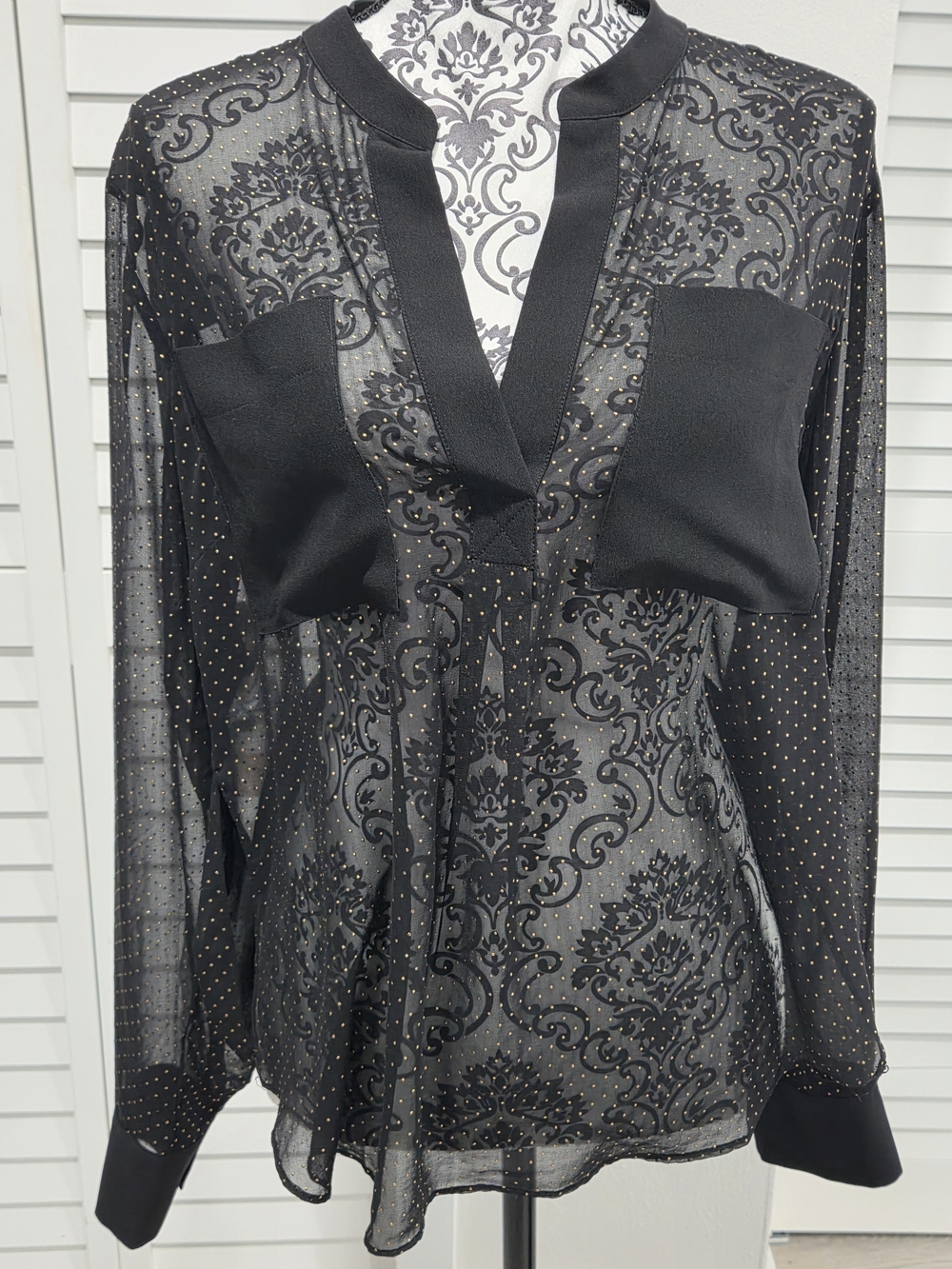 Rachel Roy Black Sheer Blouse with Metallic Gold Dots